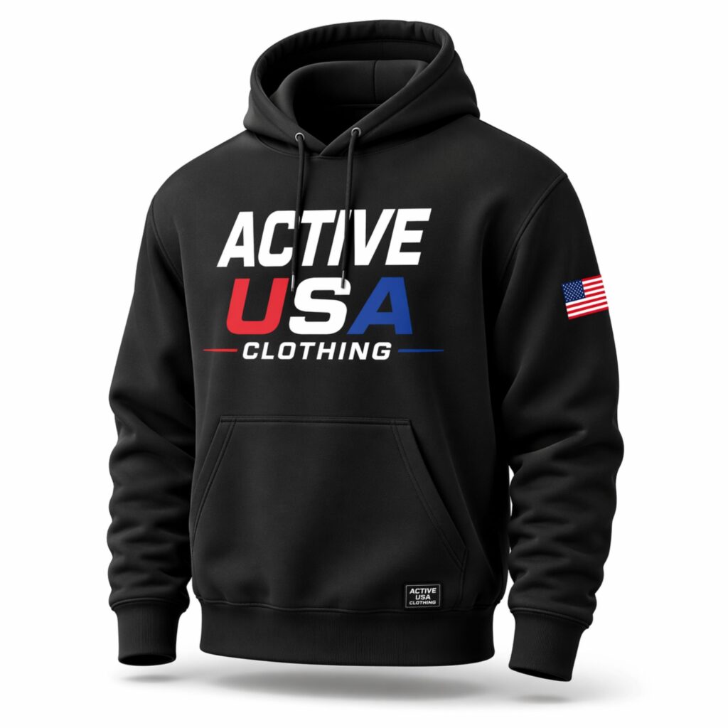 "Black hoodie with 'ACTIVE USA' text in white, red, and blue on front, American flag patch on right sleeve, and kangaroo pocket, isolated on white background.''