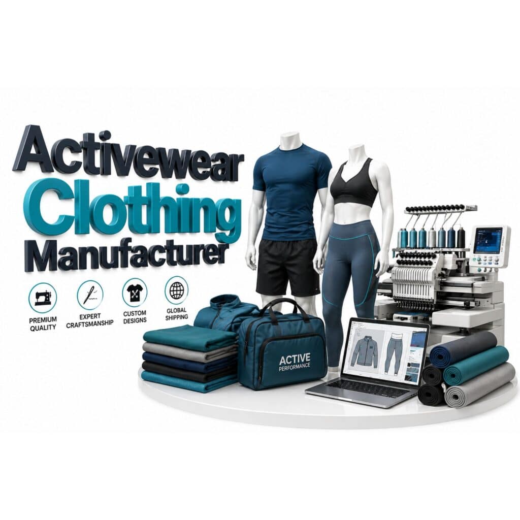 Promotional display for an activewear manufacturer featuring male and female mannequins in athletic apparel, stacked sportswear items, a laptop showing clothing designs, a sewing machine, and a branded bag in a bright, clean studio setting.