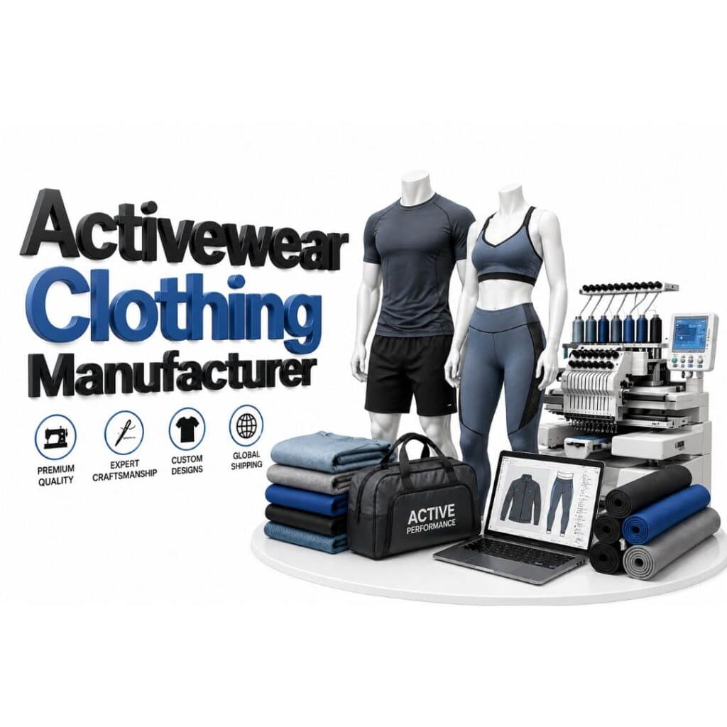 Promotional image showing mannequins in athletic wear, folded activewear, 'ACTIVE PERFORMANCE' duffel bag, laptop with clothing designs, yoga mats, and embroidery machine on white background