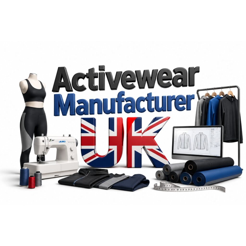 A professional product shot showing a UK activewear manufacturing workspace with a mannequin in workout clothes, JUKI sewing machine, spools of thread, folded garments, UK flag-colored lettering, design computer screen, fabric rolls, measuring tape, and clothing rack.