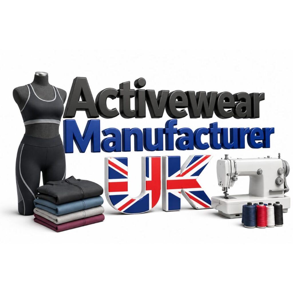 Activewear manufacturing concept featuring a mannequin wearing a black sports bra and leggings, a stack of folded activewear garments, a sewing machine with thread spools, and bold text reading 'Activewear Manufacturer UK' with Union Jack flag decoration.