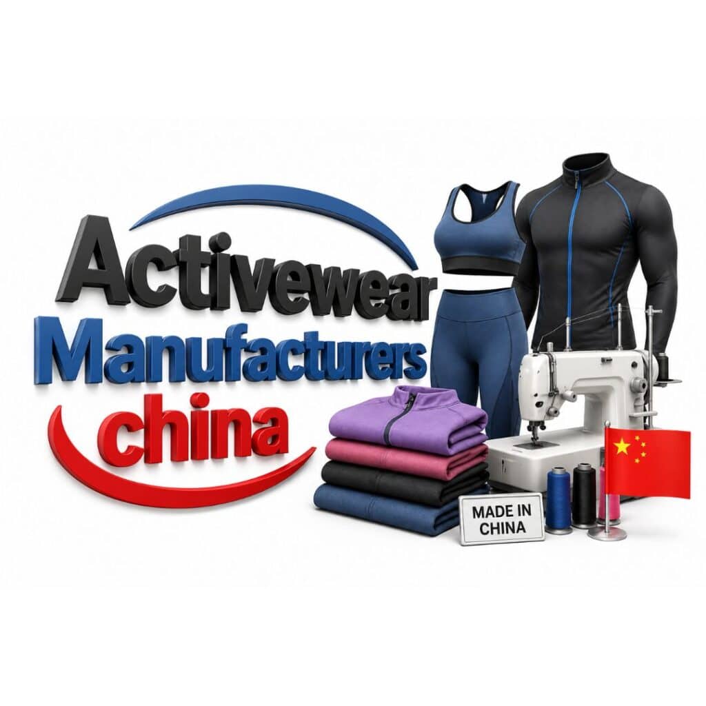 Promotional image for Chinese activewear manufacturers featuring bold text 'Activewear Manufacturers China' with blue arc above 'Activewear' and red arc below 'China', displayed alongside blue athletic top and leggings, black athletic jacket, colorful stack of folded jackets (purple, pink, black, blue), white sewing machine with thread spools, small Chinese flag, and 'MADE IN CHINA' sign.