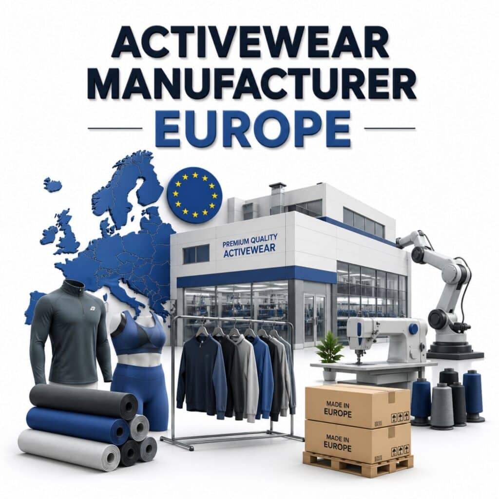 A modern white European manufacturing facility with "PREMIUM QUALITY ACTIVEWEAR" signage and EU flag; foreground displays activewear items (jacket, sports bra, leggings), stacked yoga mats, robotic arm, sewing machine, and cardboard boxes labeled "MADE IN EUROPE", with a map of Europe visible.