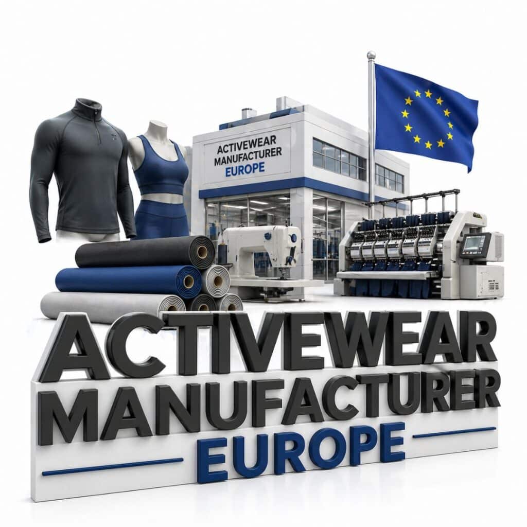 Modern activewear manufacturing facility in Europe with building labeled 'ACTIVEWEAR MANUFACTURER EUROPE', EU flag on roof, mannequins in athletic wear, colorful fabric rolls, sewing machine, and textile manufacturing equipment.