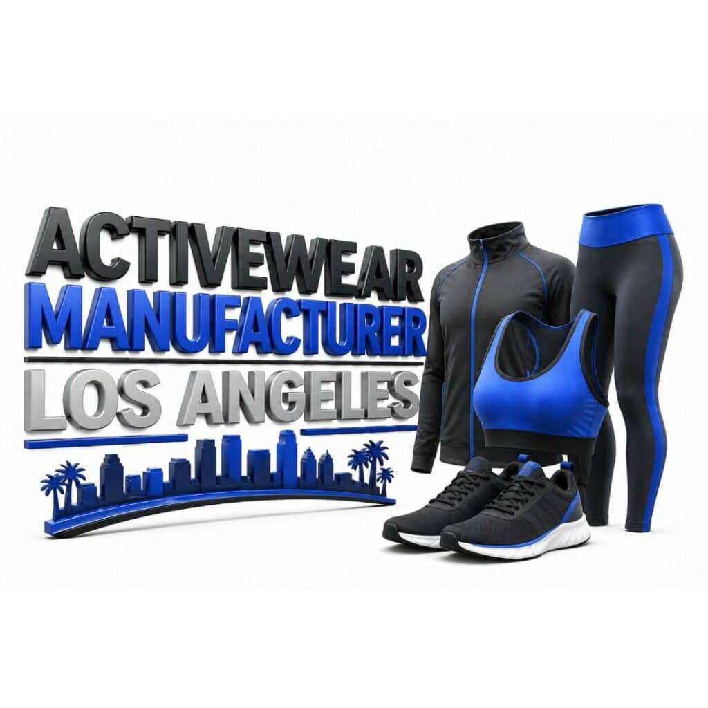Black athletic apparel with blue accents (jacket, sports bra, leggings, and running shoes) positioned on the right side of the image, alongside 3D block lettering 'ACTIVEWEAR MANUFACTURER LOS ANGELES' on the left with a blue cityscape silhouette featuring palm trees.