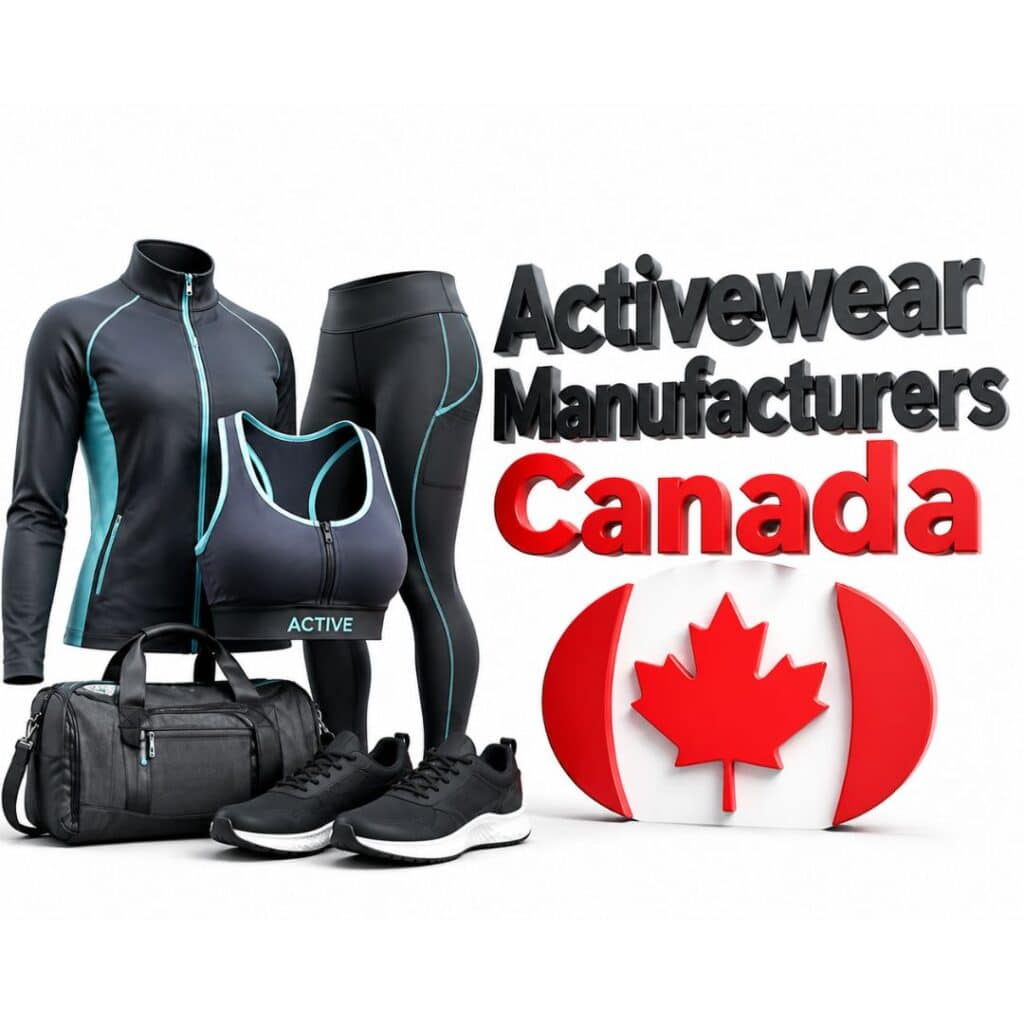 Athletic apparel product display including a dark zip-up jacket with light blue trim, sports bra labeled "ACTIVE," duffel bag, sneakers, and leggings, with the text "Activewear Manufacturers Canada" and a Canadian flag.