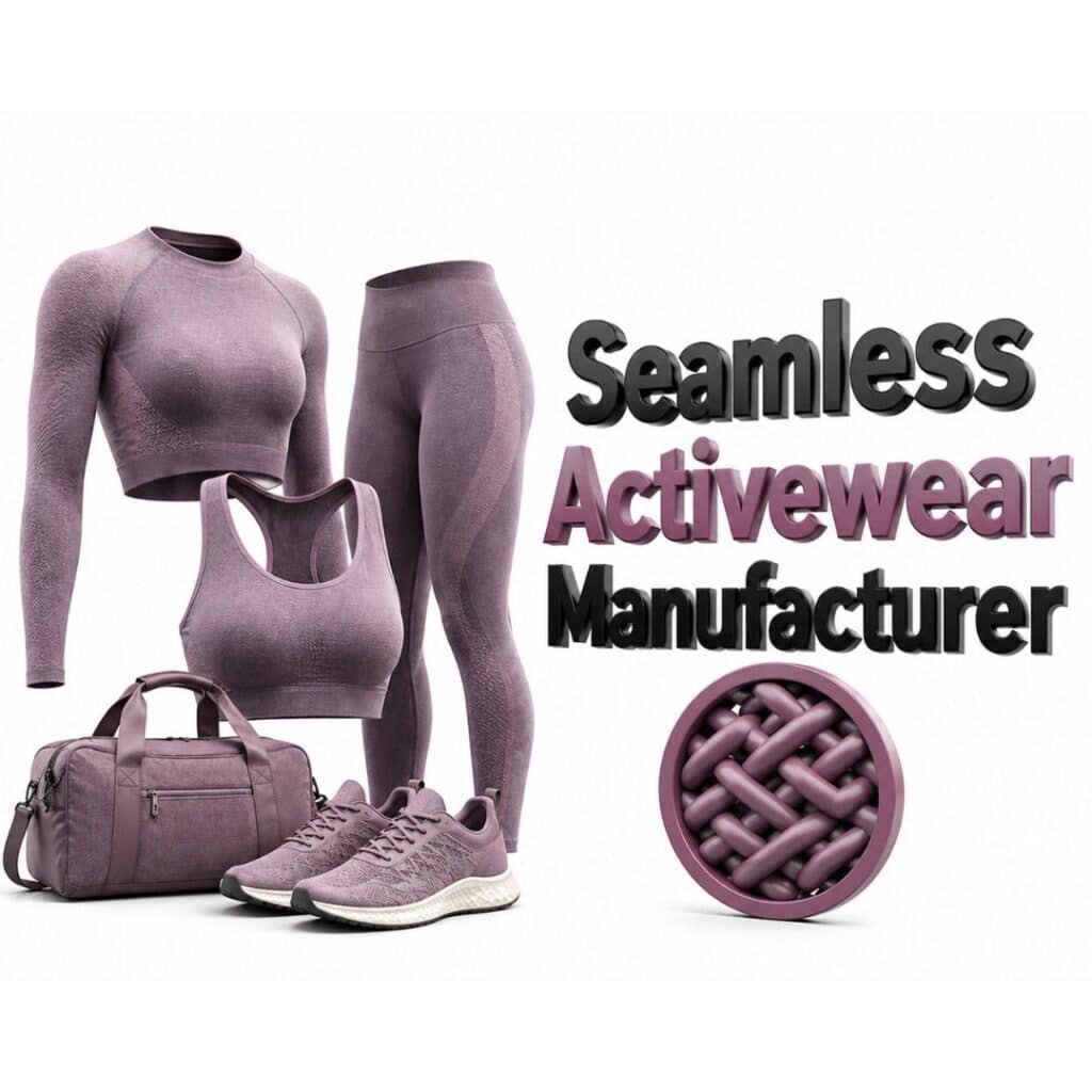 Mauve activewear collection including a long-sleeve crop top, sports bra, leggings, sneakers, and duffel bag on a white background, with a seamless knit fabric graphic overlay.