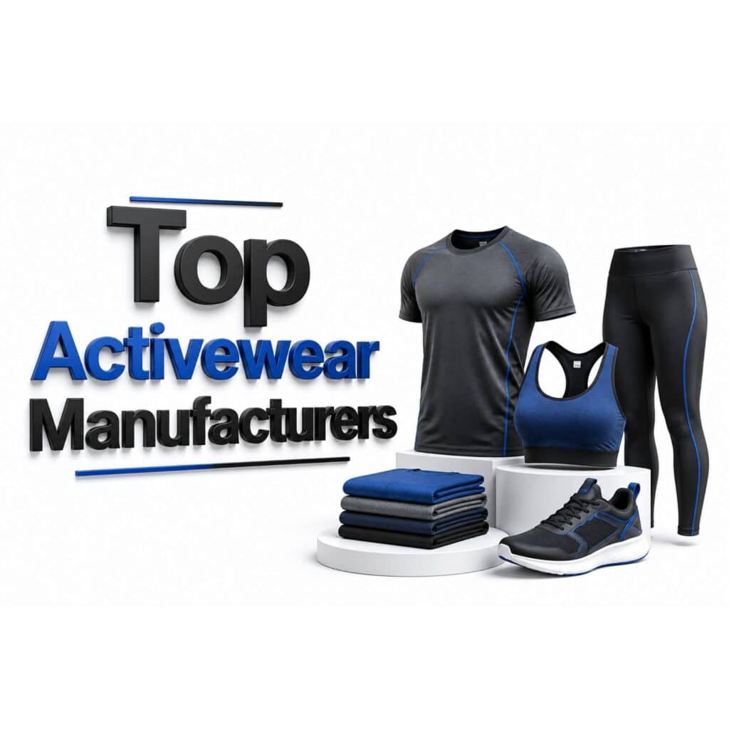 Athletic wear collection including a grey t-shirt, stacked blue and grey folded t-shirts, a blue sports bra, black leggings with blue stripes, and a black running shoe with blue accents, arranged on white circular pedestals.