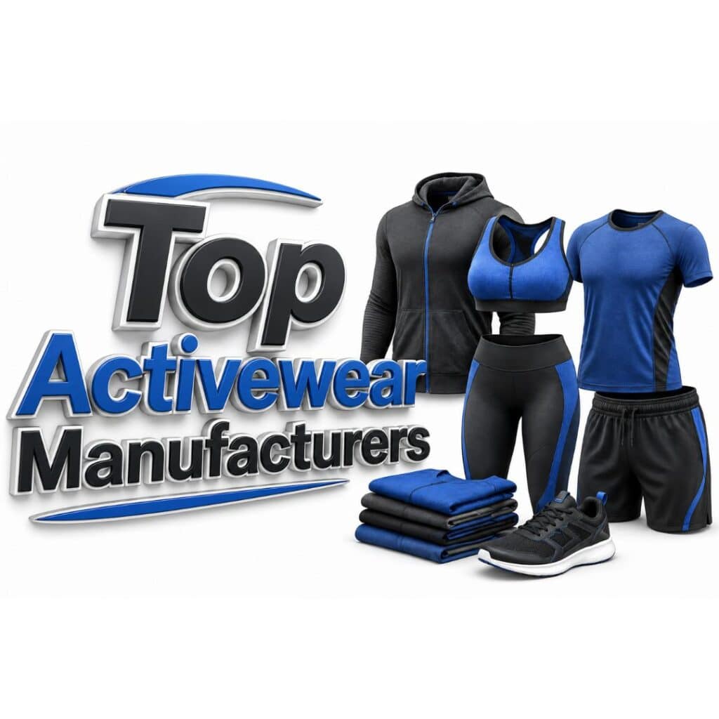 A flat lay of activewear clothing and athletic shoes with the text "Top Activewear Manufacturers" in 3D lettering on the left side.