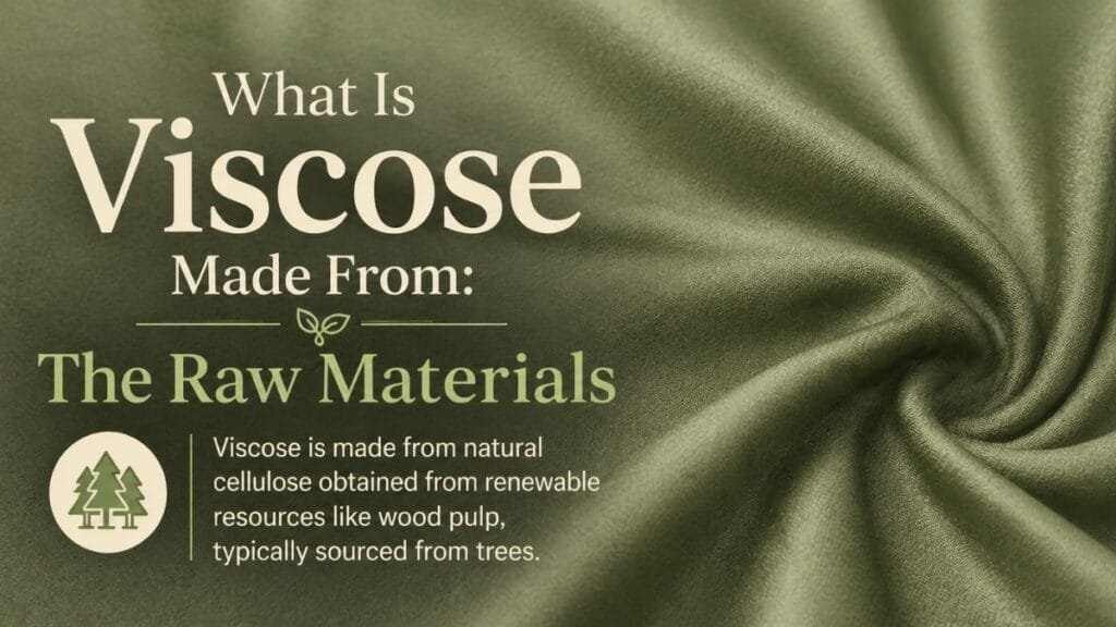 Olive green viscose fabric banner with soft folds and text “What Is Viscose Made From: The Raw Materials” explaining it is made from natural cellulose sourced from wood pulp.