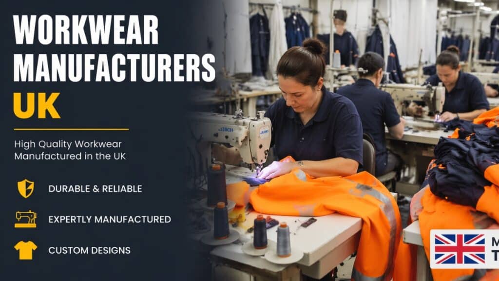 Workers sewing orange workwear in a UK manufacturing workshop.