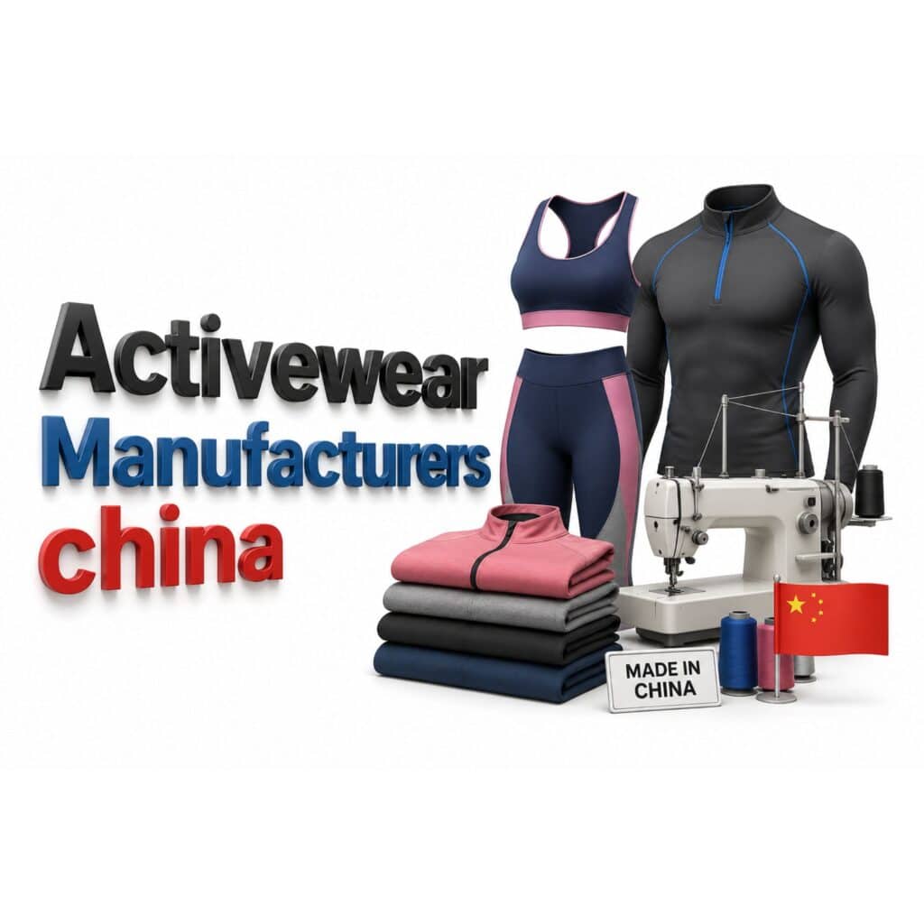 Professional product photography of activewear manufacturing in China: 'Activewear Manufacturers china' text on left, blue sports bra and pink-trimmed leggings, gray men's athletic jacket, folded jackets in pink/gray/navy/black, white sewing machine, spools of blue and pink thread, Chinese flag, and 'MADE IN CHINA' sign — all on clean white background.