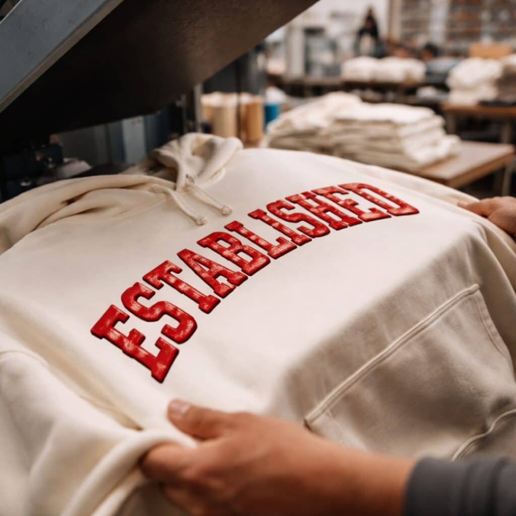 White pullover hoodie with red puff-printed “CREWNECKS THE PERFECT …” lettering across the chest.