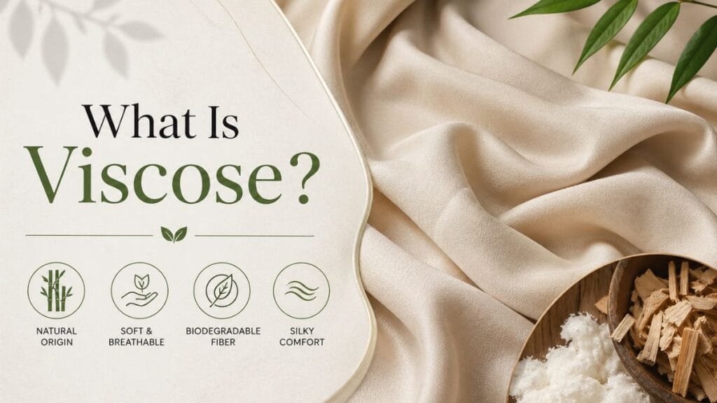 Viscose fabric label highlighting natural origin, softness, biodegradability, and silky comfort.