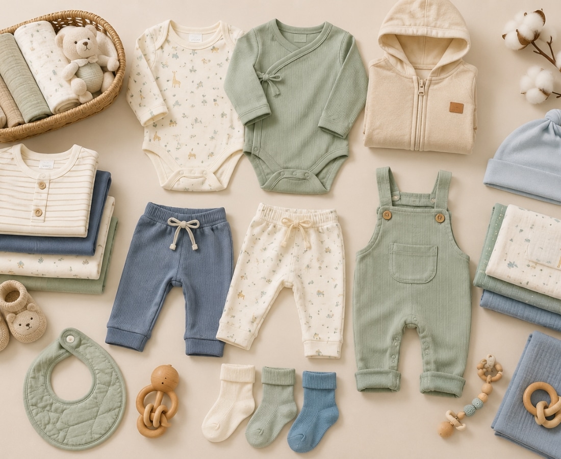 Flat lay of baby clothing and accessories, including onesies, pants, overalls, hooded jacket, hats, socks, bib, blankets, and toys, in soft pastel colors.