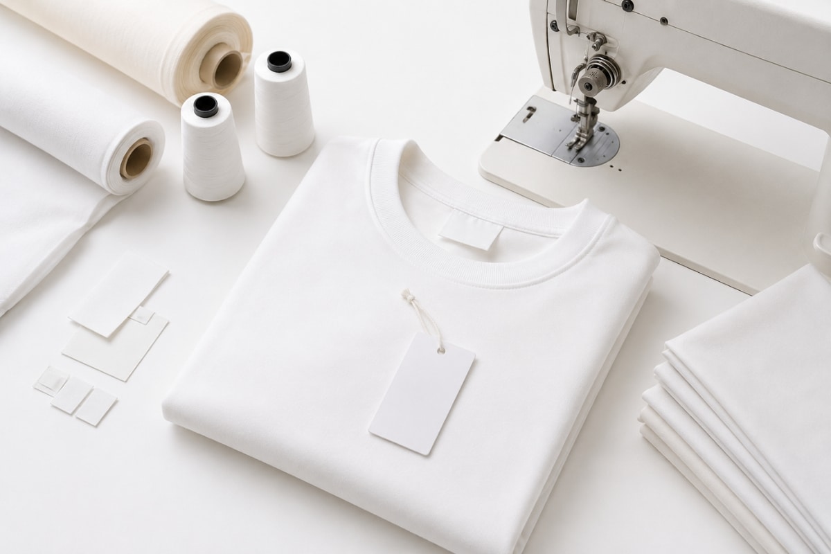 White label clothing manufacturing setup with folded blank sweatshirt, sewing machine, fabric rolls, and garment accessories on a clean workspace.