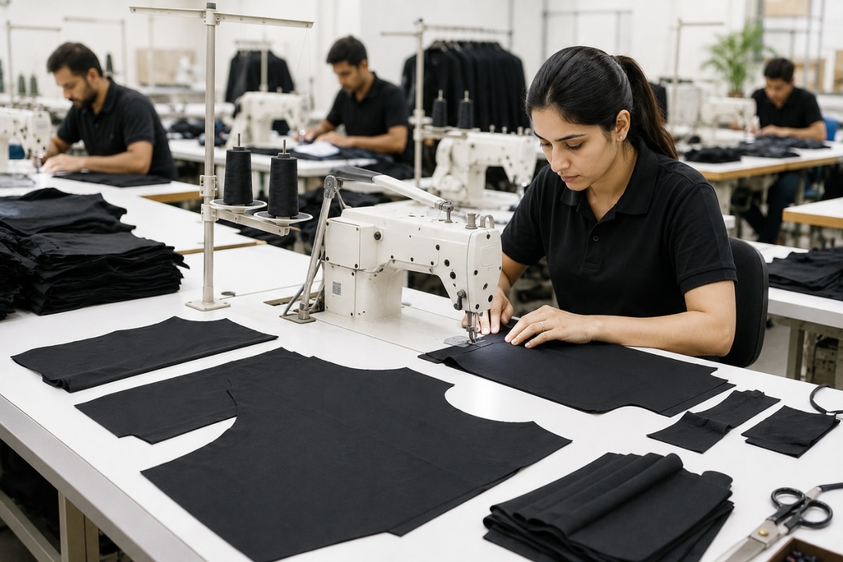 Garment workers stitching black apparel pieces in a professional clothing manufacturing factory using industrial sewing machines.
