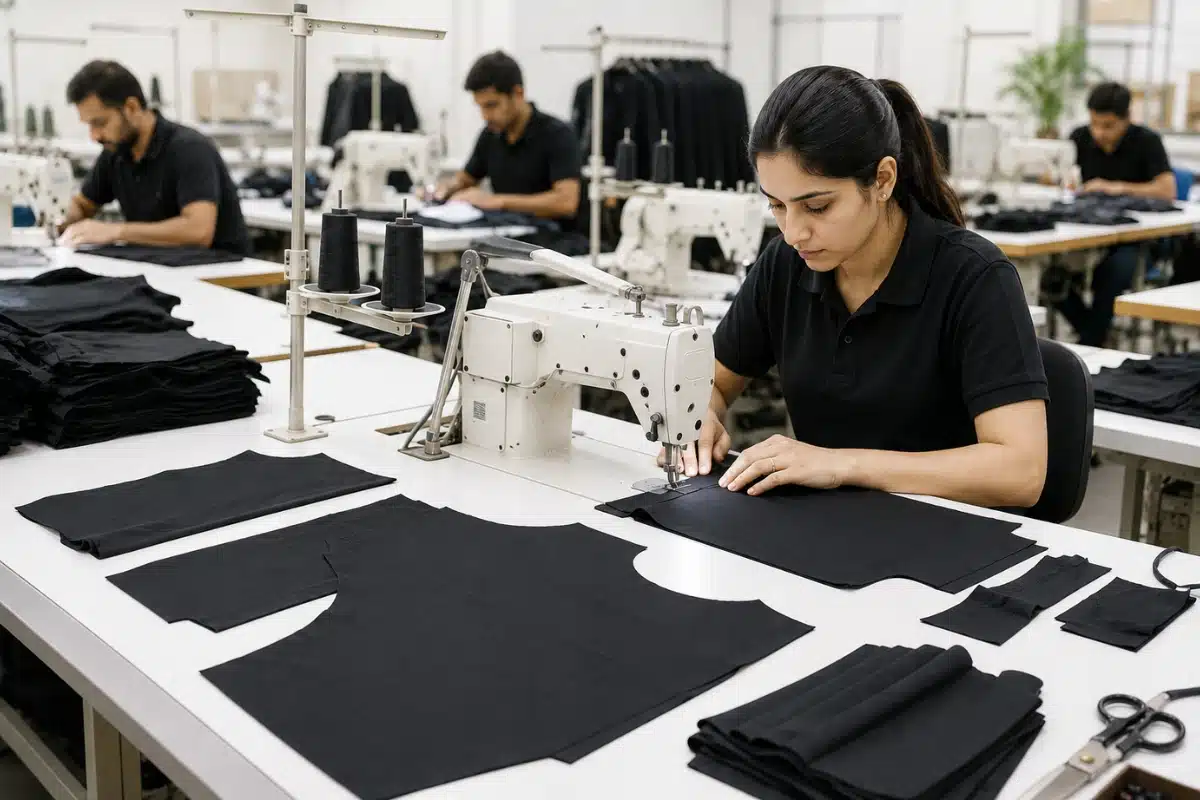 Garment workers stitching black apparel pieces in a professional clothing manufacturing factory using industrial sewing machines.