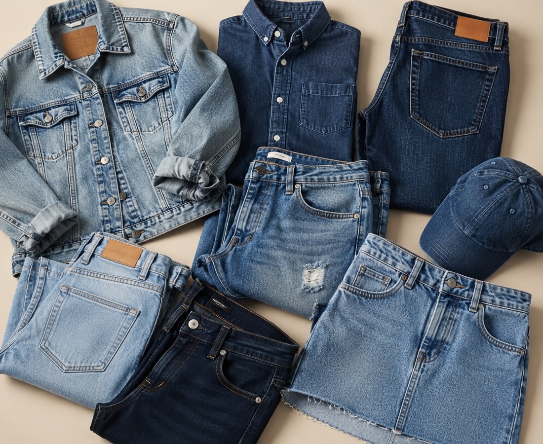 Collection of denim clothing products including jeans, denim jacket, denim shirt, skirt, and cap arranged on a neutral background.