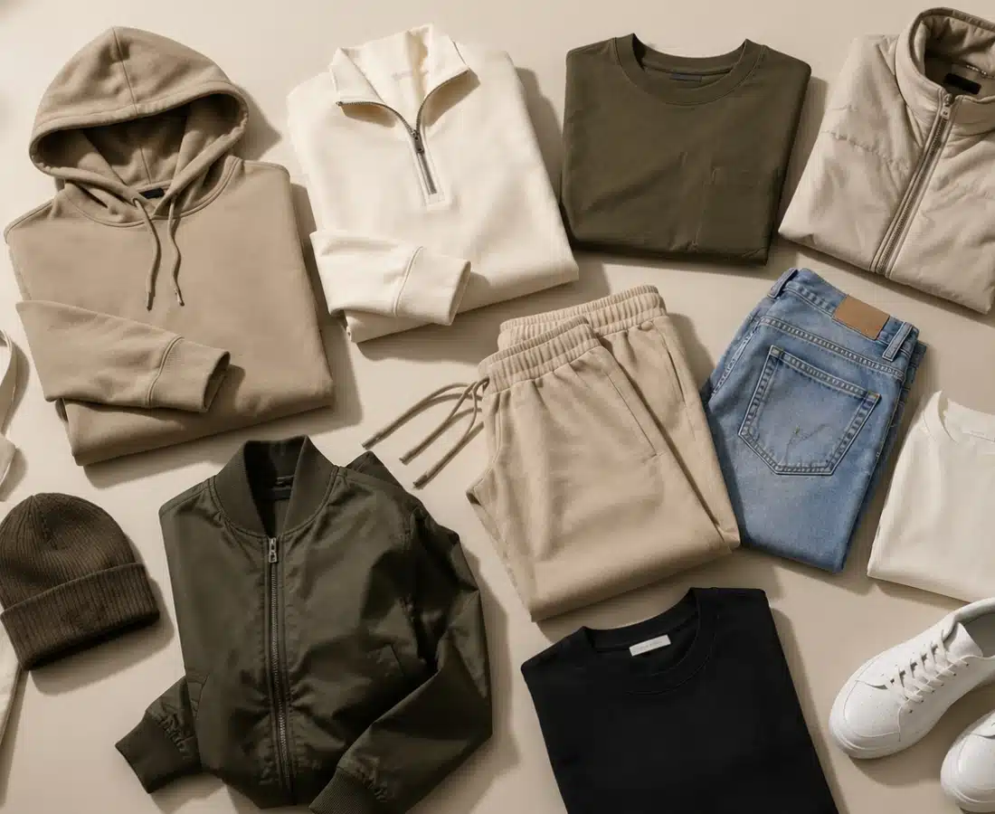 A flat lay of casual fashion wear, including folded hoodies, zip-up jackets, t-shirts, joggers, denim jeans, a beanie, and white sneakers, arranged neatly on a beige background.