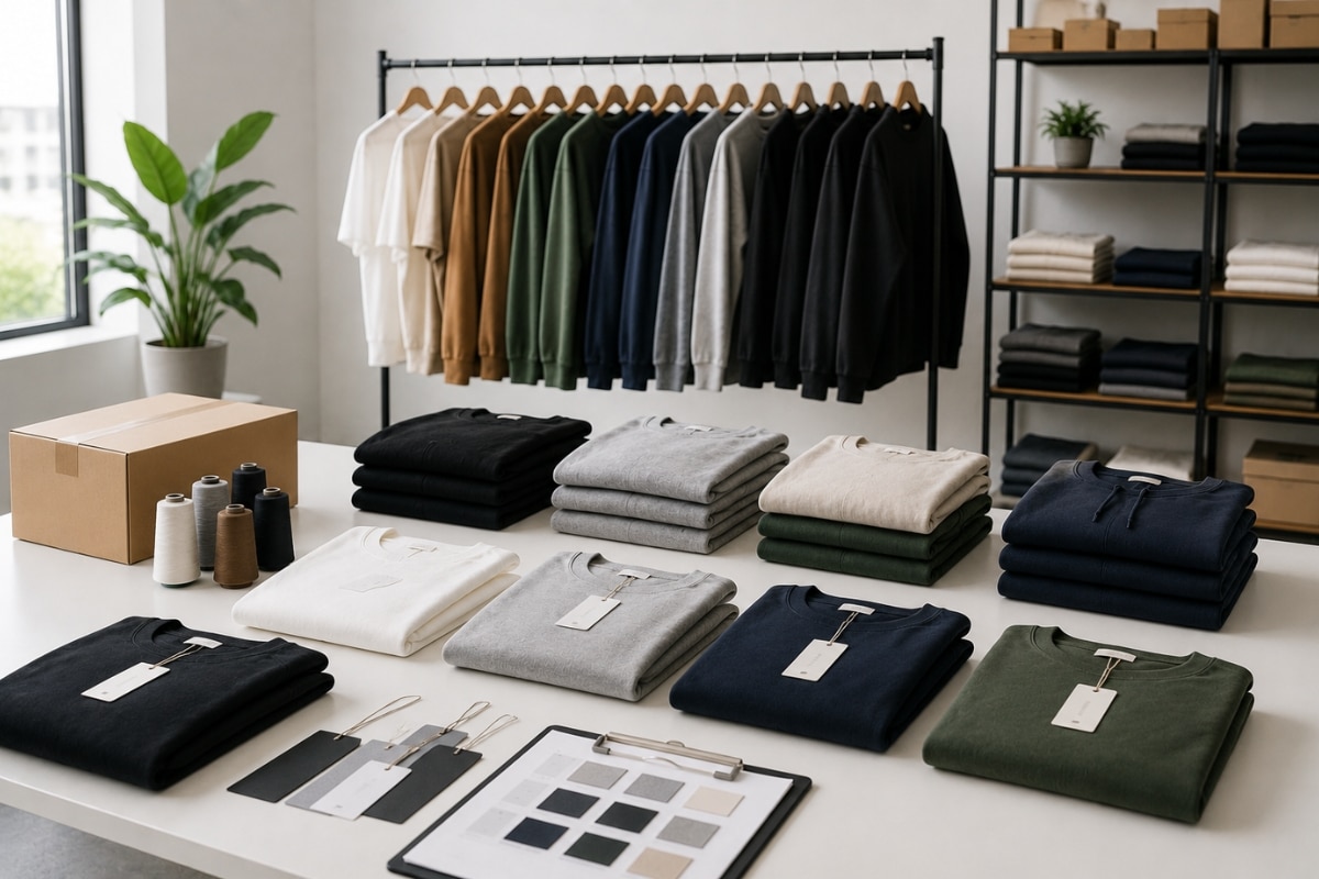 Low MOQ clothing manufacturing studio with neatly folded blank apparel, hanging sweatshirts, packaging materials, and private label garments in a modern workspace.