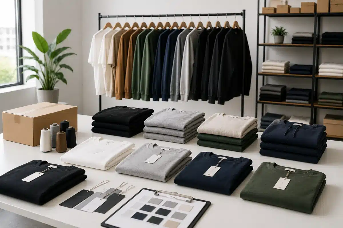 Low MOQ clothing manufacturing studio with neatly folded blank apparel, hanging sweatshirts, packaging materials, and private label garments in a modern workspace.