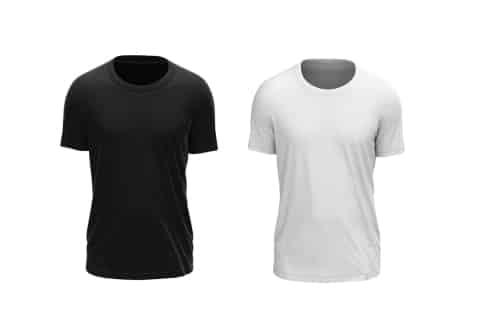 Two crew neck T-shirts, one black and one white, displayed side-by-side against a plain white background.