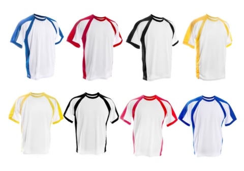 Eight white performance-style T-shirts with colored accents on sleeves and necklines, arranged in two rows on a white background.