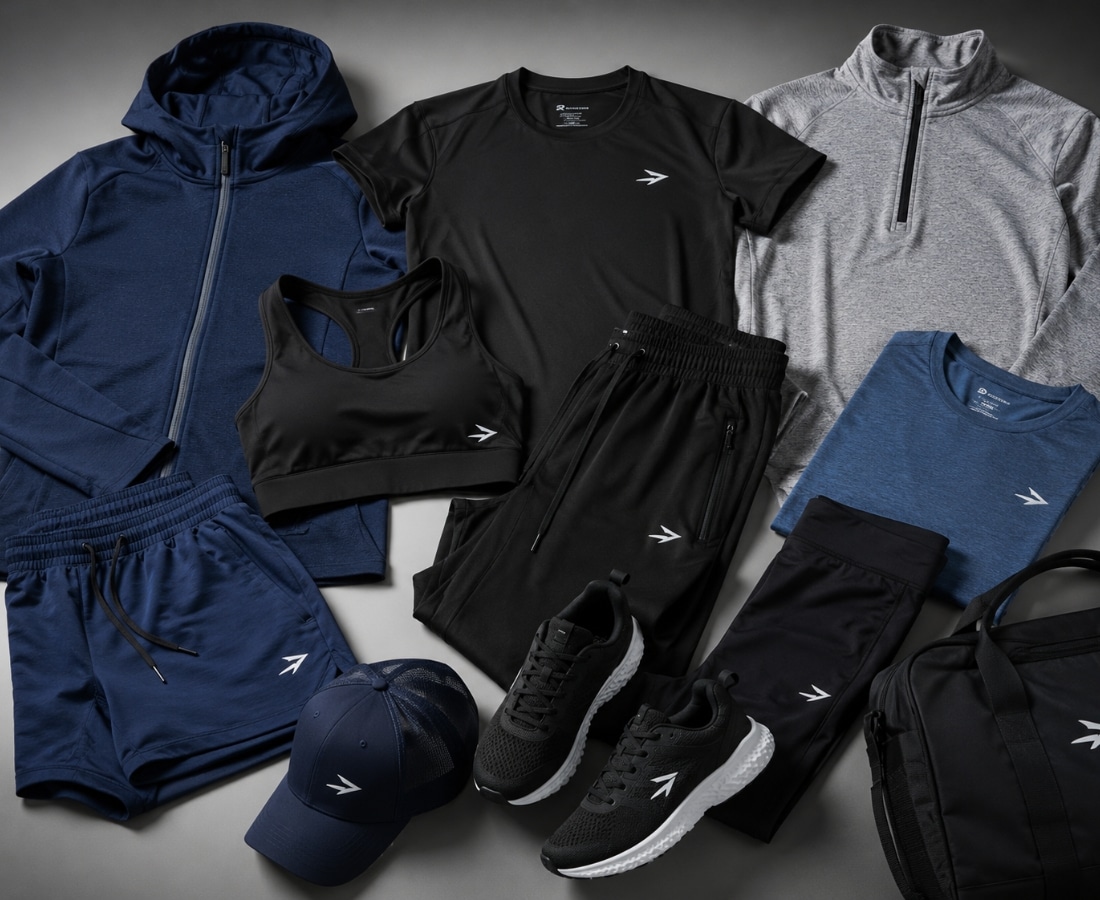 Collection of sportswear apparel and activewear products including hoodies, t-shirts, leggings, shorts, sneakers, and gym accessories.