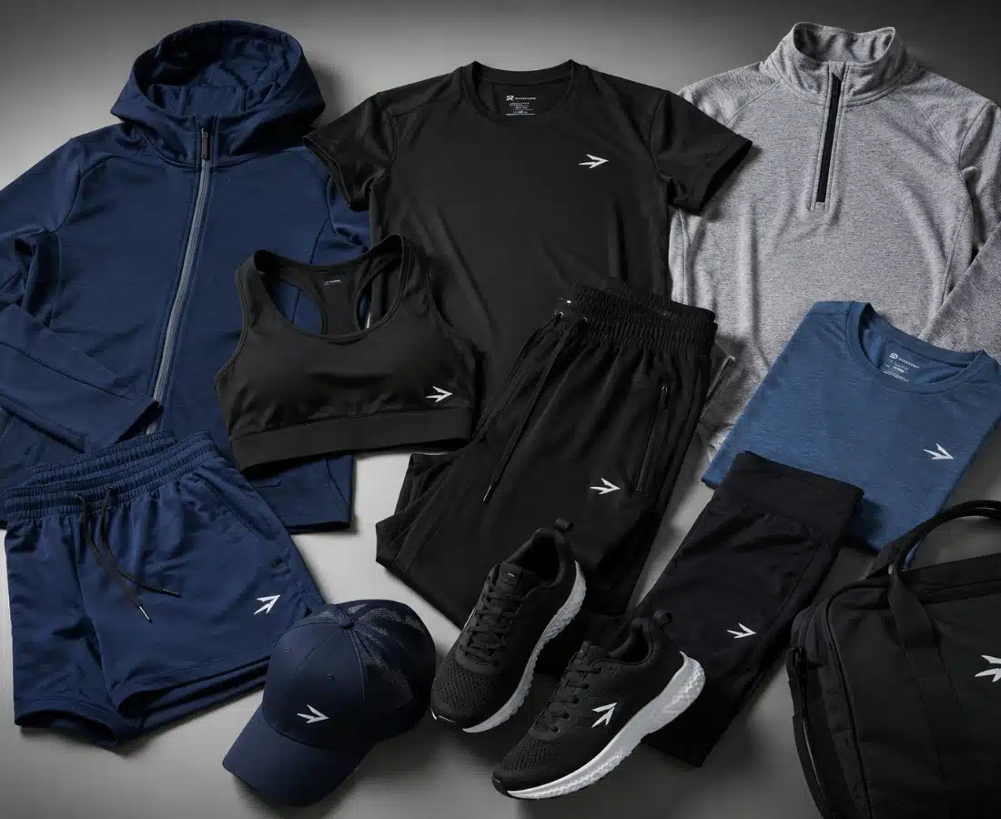 Collection of sportswear apparel and activewear products including hoodies, t-shirts, leggings, shorts, sneakers, and gym accessories.