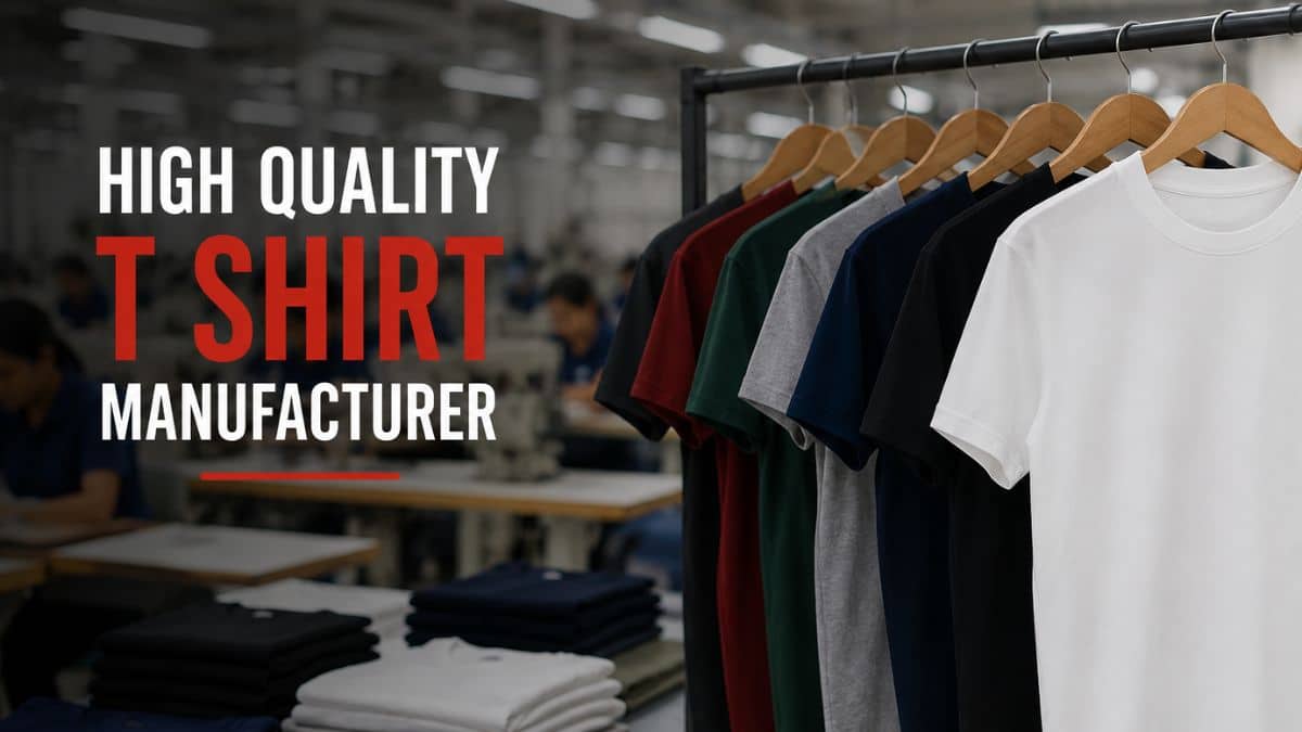A professional T-shirt manufacturing banner featuring multiple plain colored T-shirts hanging on a clothing rack inside a modern garment factory, with bold text reading “High Quality T Shirt Manufacturer.”