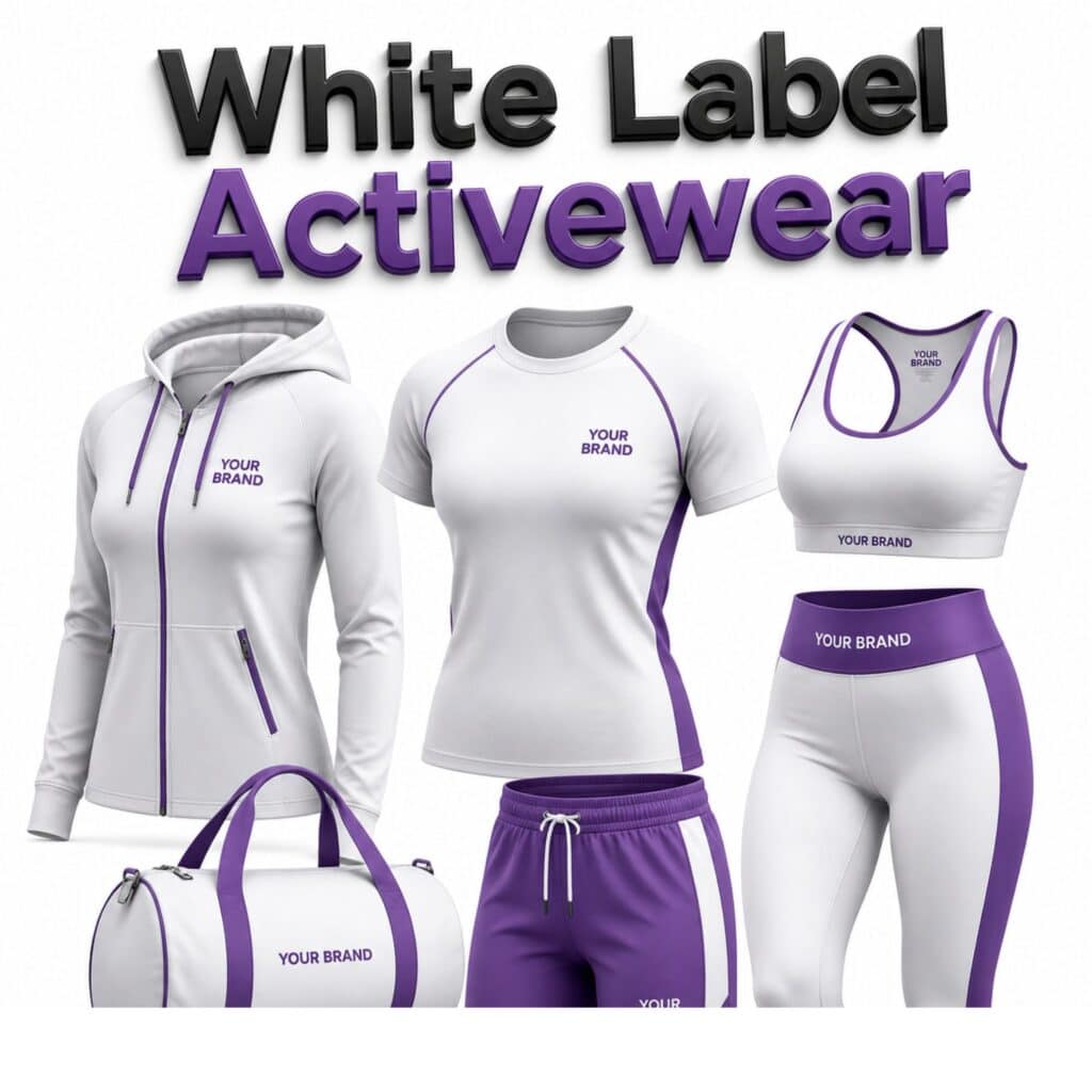 A grid of white-and-purple activewear items on a white background, including a zip-up hoodie, t-shirt, sports bra, leggings, and duffel bag, each labeled "YOUR BRAND.