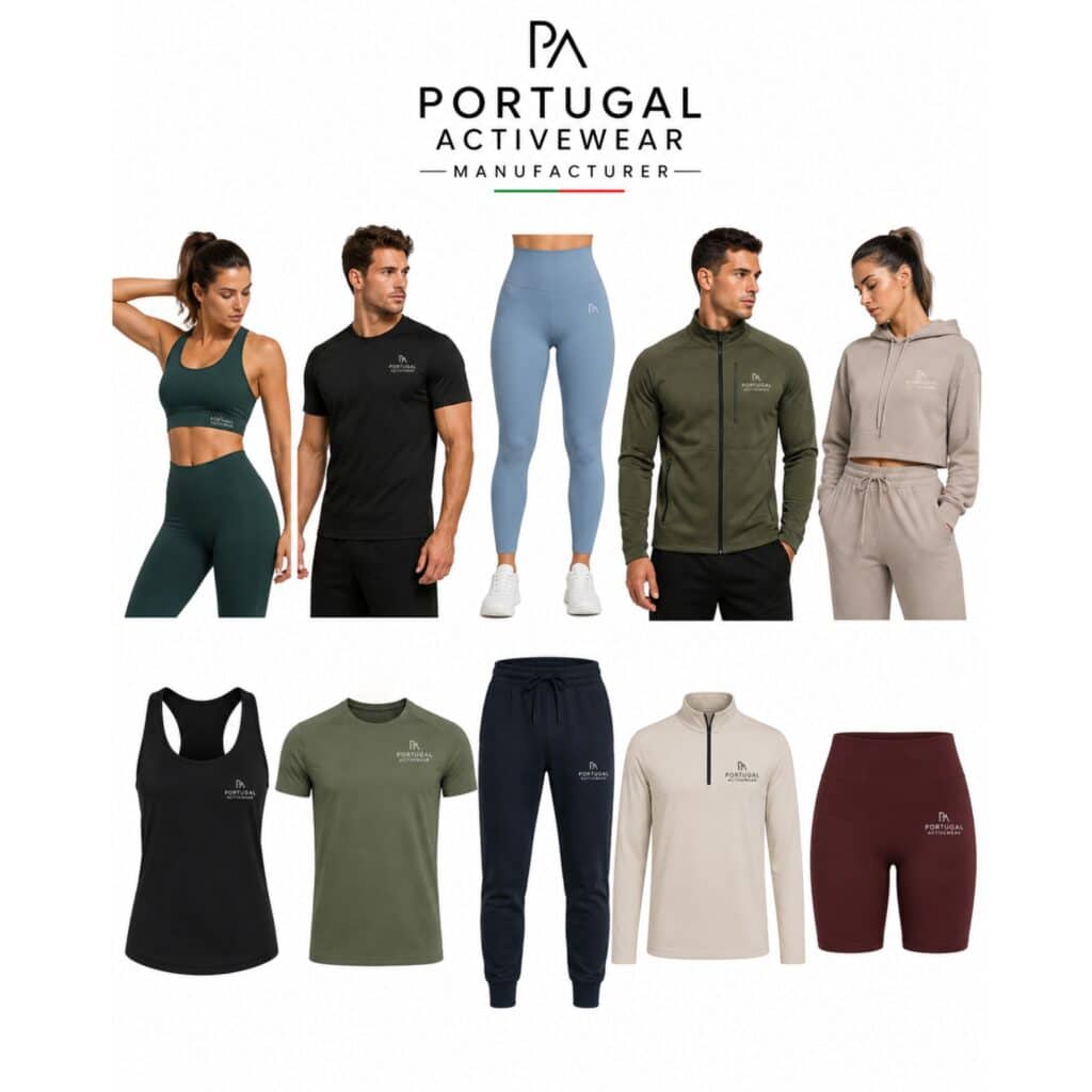 Portugal Activewear promotional image featuring two models in coordinated workout sets, with individual apparel pieces displayed below against a white background.