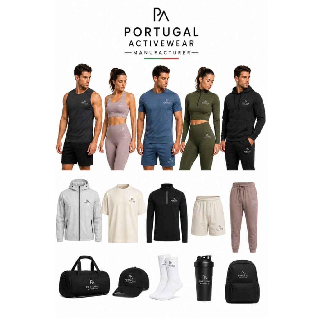 A Portugal Activewear product lineup featuring five models in workout outfits with apparel and accessories displayed below.
