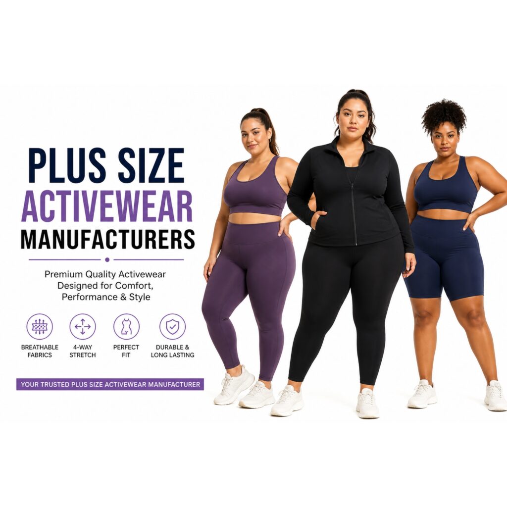 Three plus-size women in activewear — purple sports bra and leggings, black athletic jacket and leggings, and navy blue sports bra with biker shorts — posing in white sneakers on a bright white background.