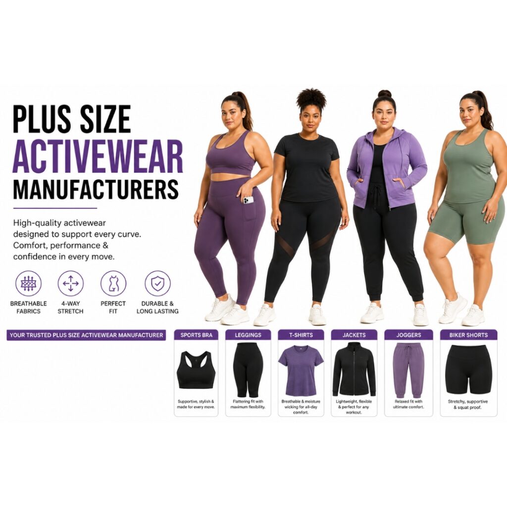 Four plus-size women model activewear in purple, black, and green outfits, with product shots and feature descriptions below.