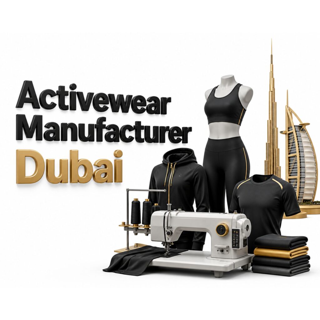 Promotional graphic for an activewear manufacturer in Dubai, featuring the Burj Khalifa and Burj Al Arab in the background, with mannequins in black-and-gold activewear, a hoodie, a t-shirt, a sewing machine, and fabric in the foreground, overlaid with the text "Activewear Manufacturer Dubai".