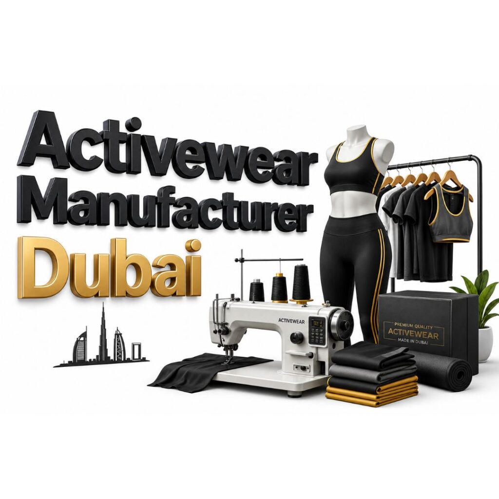 Activewear manufacturer setup in Dubai with a mannequin, sewing machine, fabric spools, clothing rack, and Dubai skyline in background.