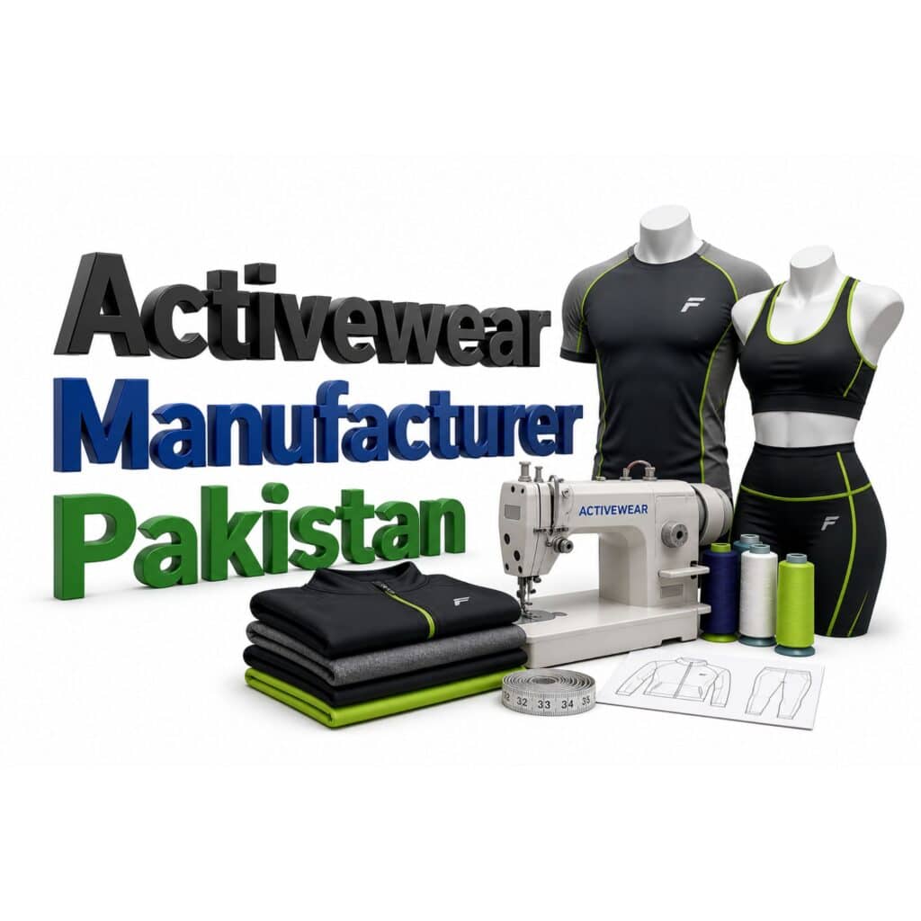 Activewear manufacturing workspace with a sewing machine, thread spools, design sketches, stacked folded garments, and mannequins wearing athletic apparel.