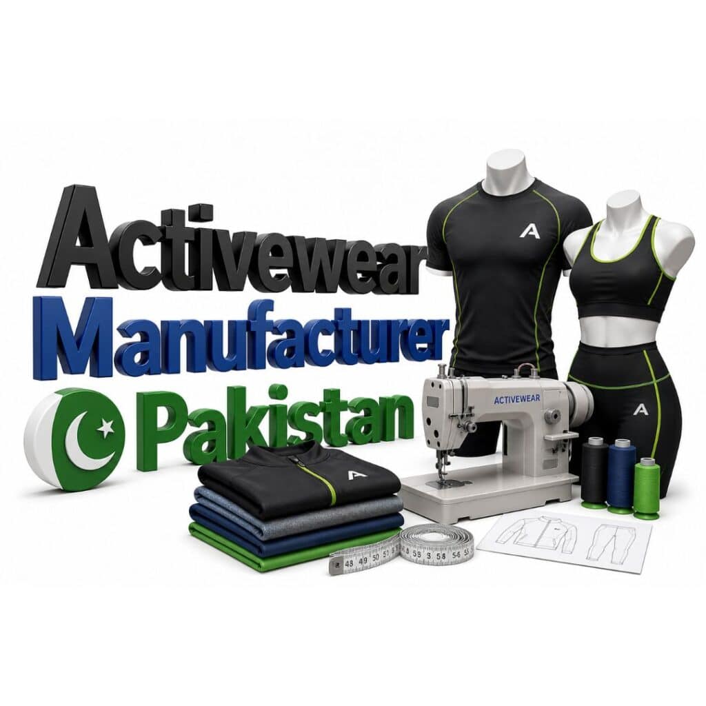 A flat-lay collage showcasing activewear manufacturing in Pakistan, featuring 3D text reading "Activewear Manufacturer Pakistan," a Pakistani flag graphic, two mannequins in activewear, a sewing machine labeled "ACTIVEWEAR," stacked folded clothing, sewing supplies, and apparel sketches on a white background.