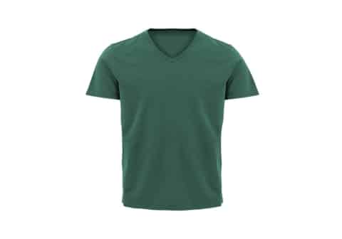 A dark green V-neck T-shirt with short sleeves, isolated on a clean white background.
