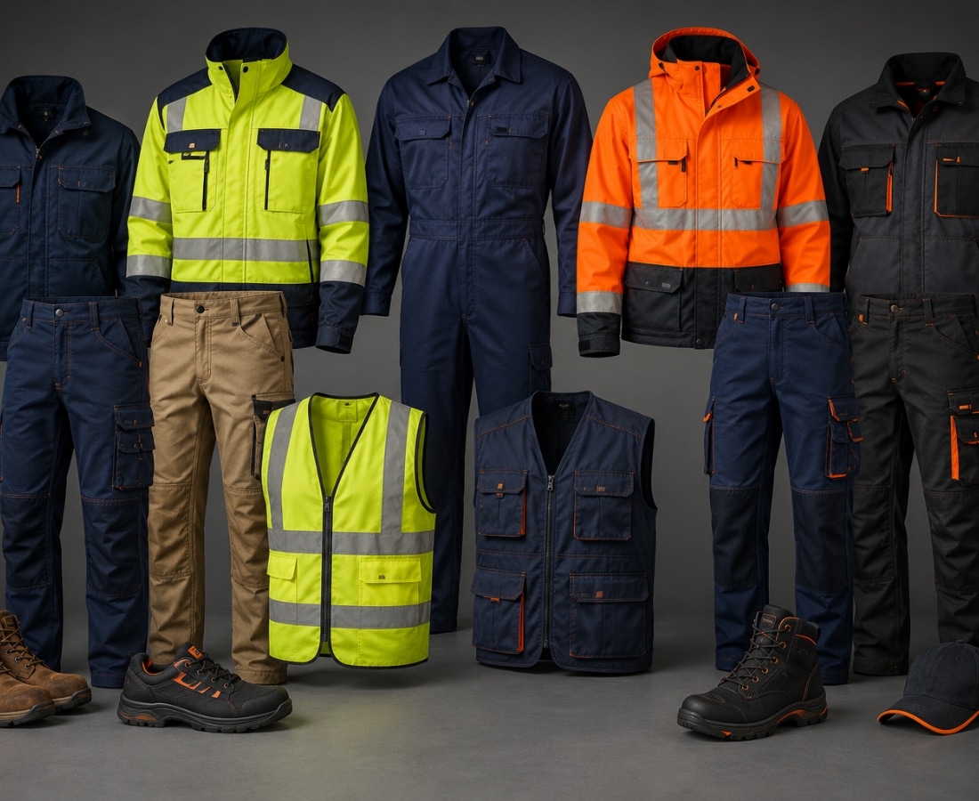 Display of high-visibility and durable workwear, including jackets, vests, coveralls, pants, boots, and a cap, in fluorescent yellow, orange, navy, and black.