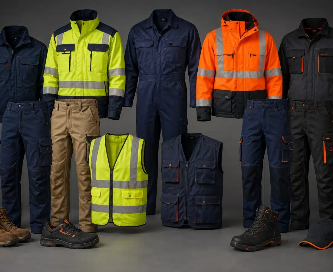 Display of high-visibility and durable workwear, including jackets, vests, coveralls, pants, boots, and a cap, in fluorescent yellow, orange, navy, and black.