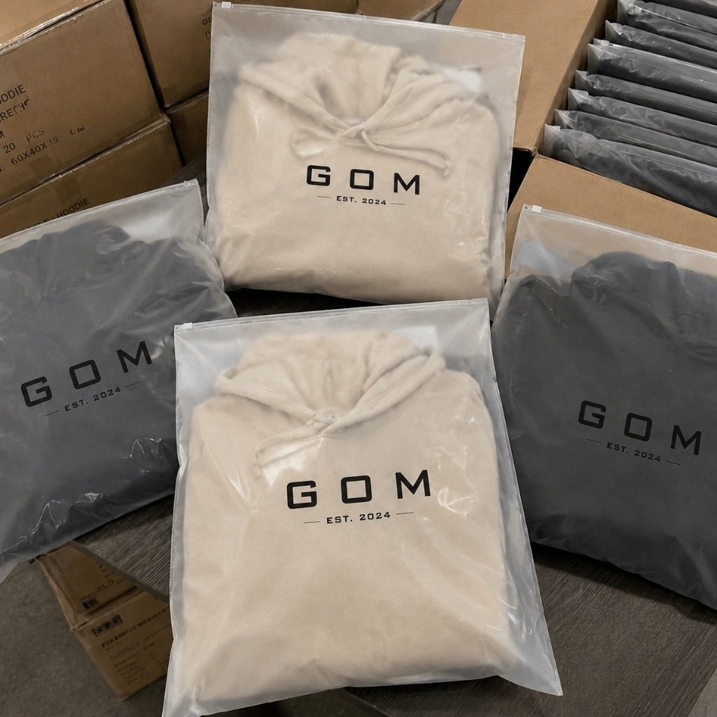 Custom packaged hoodies in frosted zip-lock poly bags with GOM branding, arranged on a warehouse packing table alongside shipping cartons ready for order fulfillment.