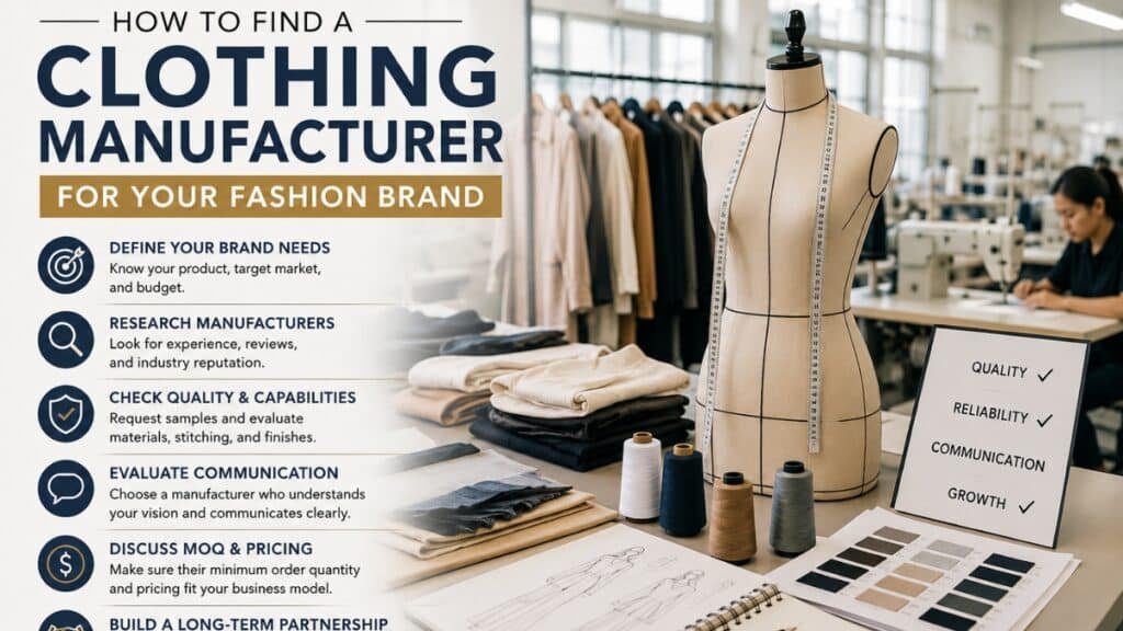 How to find a clothing manufacturer for your fashion brand with expert guidance by Fashion Soul International, featuring garment production, fabric selection, quality control, and apparel manufacturing.