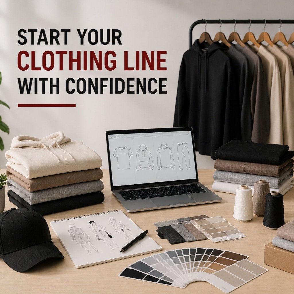 Custom clothing manufacturing workspace at Fashion Soul International featuring apparel design development, fabric selection, tech pack creation, and private label clothing production solutions.