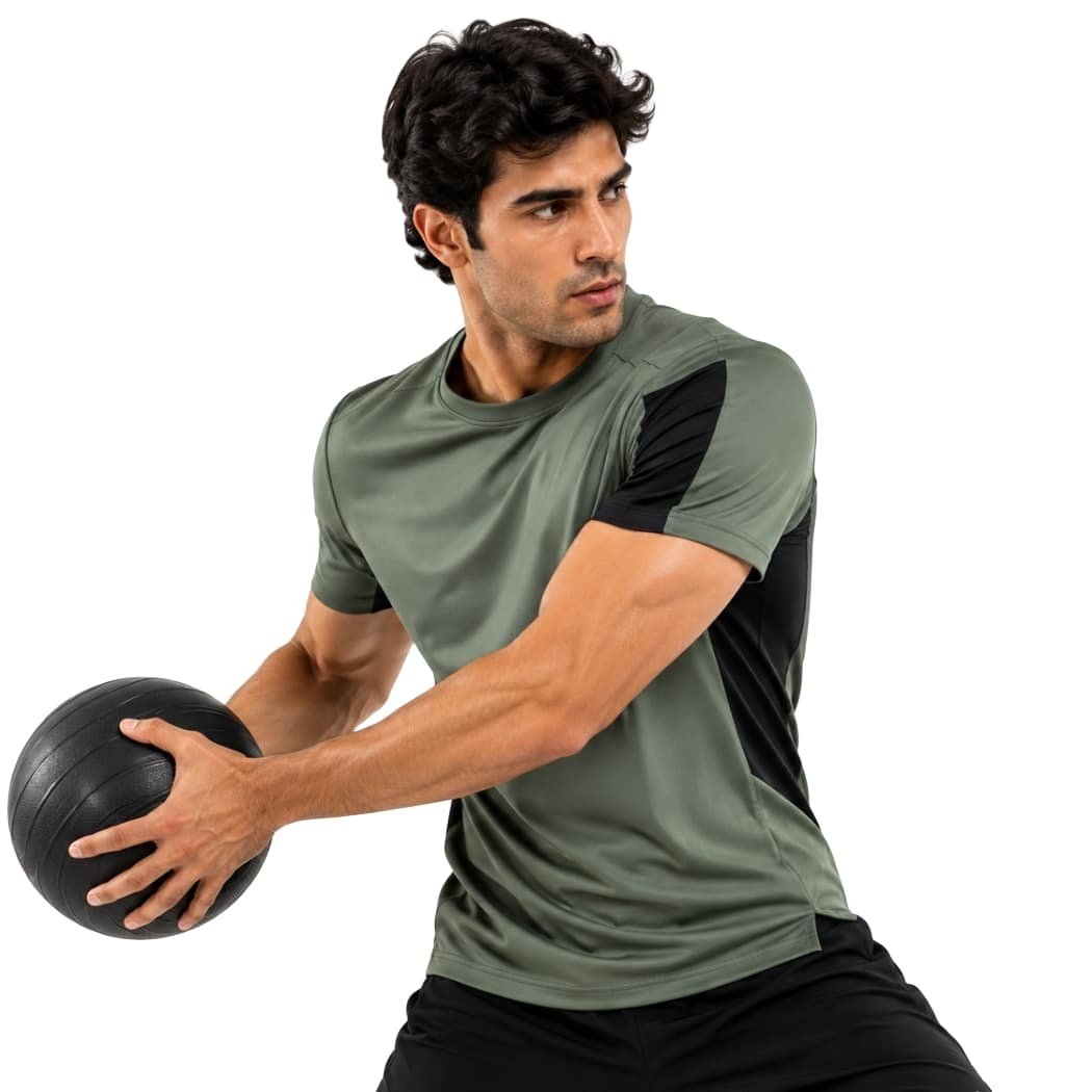 Athlete wearing a performance sports t-shirt designed by Fashion Soul International a custom t shirt manufacturer, showcasing moisture-wicking fabric, ergonomic fit, and activewear construction.