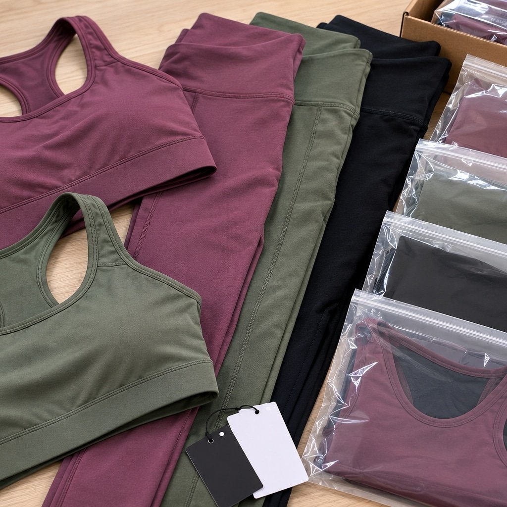 Premium private label activewear set featuring compression leggings and sports bras in 4-way stretch fabric, displayed with clear retail packaging on a clean studio background.