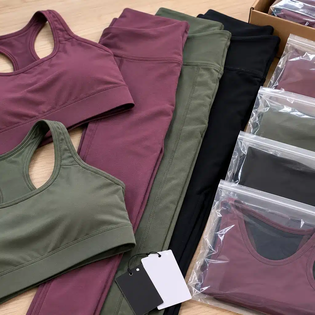 Premium private label activewear set featuring compression leggings and sports bras in 4-way stretch fabric, displayed with clear retail packaging on a clean studio background.