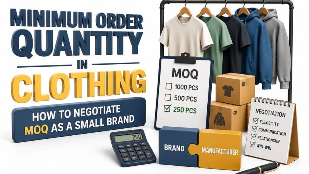 A clothing sample rack with clipboards showing MOQ notes of 1000, 500, and 250 pieces, a calculator, and a notepad with negotiation points.